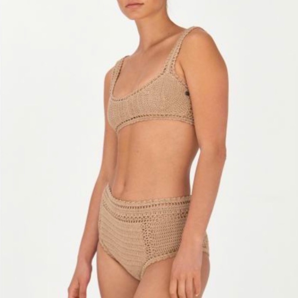 She Made Me x Free People Naira S 4/6 Tan Brown 2pc Crochet High Waist Handmade